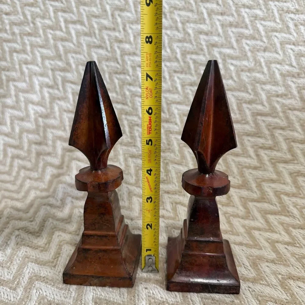 Vintage Hosley Solid Brass Finial Spears Burl Wood Finish Set of 2
